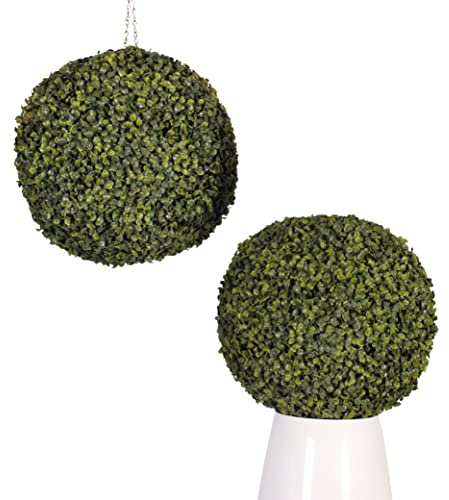 Blooming Artificial Outdoor Plant, UV and Water Resistant, Faux Decorative Foliage, Easy Care, Perfect for Gardens and Patios (Boxwood Ball - Pair) (Green) (38cm)