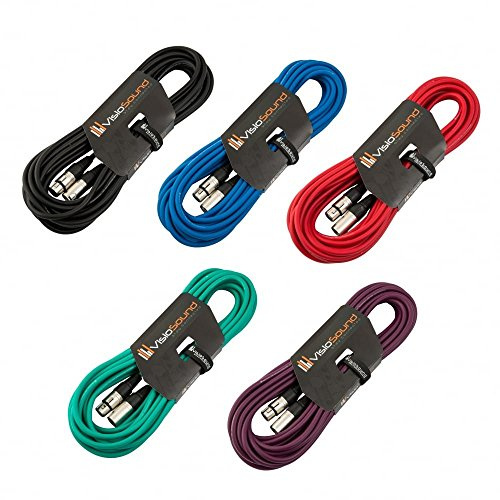VisioSound 5 x 10m Male to Female XLR Mic Leads/Balanced Microphone Cables / 8 Colours/Multi-Packs Multi-Coloured
