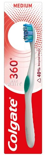 Colgate 360 Max White One Medium Bristles Toothbrush, Pack of 1, with Polishing Cups and Whitening Bristles for a Whiter Smile