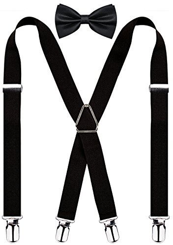 Alizeal Mens Solid Suspenders Pre Tied Bow Tie Set, Black