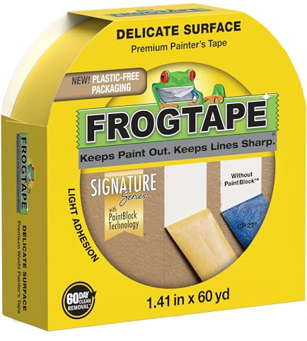 FrogTape Delicate Surface Painters Tape with PAINTBLOCK, 1.5 Inch Wide (1.41 In. x 60 Yds), Low Adhesion, Ideal for Freshly Painted Walls, Trim & Surfaces, Yellow, 1 Roll (280221)