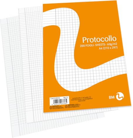 BM BeMore A4-protokollpapper, 0108336, Q-linje, 5 mm rutor med marginaler, papper 60 g/m², 200 ark blister