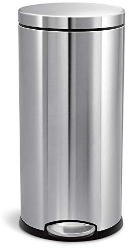 simplehuman CW1810 30L Round Kitchen Pedal Bin, Strong Steel Pedal, Silent Soft Close Lid, Inner Bucket, Stay-Open Lid, Non-skid Base, Slim Profile Hinge, Fingerprint-Proof, Brushed Stainless Steel