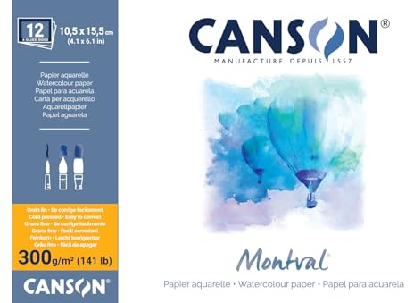 CANSON Montval, Aquarellpapier, fein, 300 g/m², rundum geleimter Block, 24 x 32 cm, Weiß, 12 Blatt