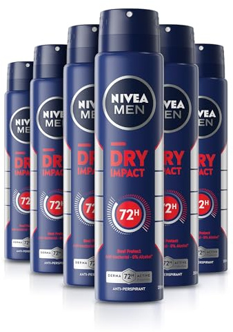 NIVEA MEN Dry Impact 72H Anti-Perspirant Deodorant Spray (250ml, Pack of 6), Men's Sweat Block with 72H Odour Protection, Daily Use Anti-Perspirant