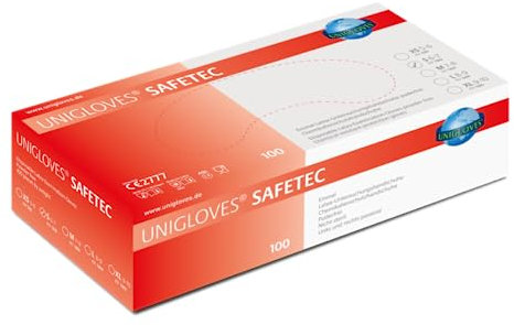UNIGLOVES - Robuster SAFETEC® Latexhandschuh | Puderfrei & lebensmittelecht | Extra griffig dank mirkrogeraute Handfläche | 100 Stück | Einmalhandschuh S