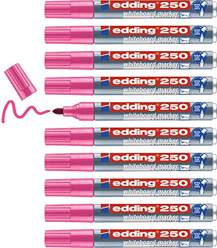Edding 250 marcador para pizarras blancas - rosa - 10 rotuladores - punta redonda 1,5-3 mm - rotulador para pizarra blanca, borrado en seco - pizarra blanca, flipchart, tablón de notas