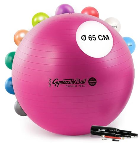 PEZZI - Gymnastikball Original Pezziball MAXAFE 65cm Ø mit Oliver Rapid Pumpe – Sitzball für Therapie, Sport & Büro - Universeller Trainingsball aus Flexton Silpower® belastbar bis 400 kg – Rubinrot