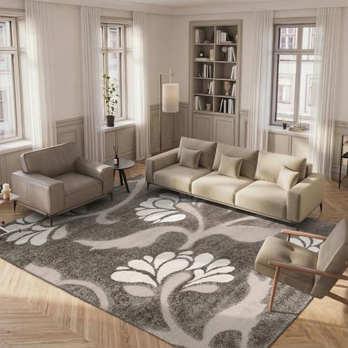 SAFAVIEH Area Rug 8x10 - Florida Shag Collection - Large - Smoke & Beige, Floral Design, Non-Shedding & Easy Cleaning, Plush Thick Pile, Ideal for Living Room, Bedroom, Dining Space (SG459-7913)