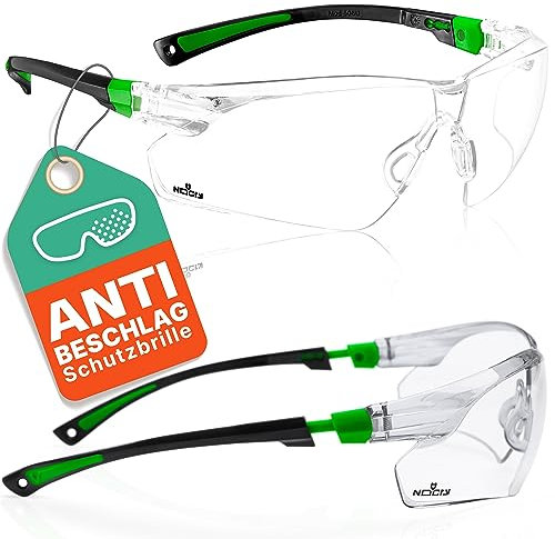 NoCry Clear Safety Glasses for Work with Anti Fog Scratch Resistant Wrap-Around Lenses and Non-Slip Grips, UV Protection. Adjustable Eye Protection Cycling and Squash Glasses with Black & Green Frames