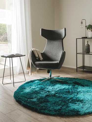 benuta Nest Hochflorteppich Whisper - Türkis Rund 160 cm - Kuschelig Weicher Teppich für Schlaf- und Wohnzimmer - Pflegeleicht - Fußbodenheizung Geeignet
