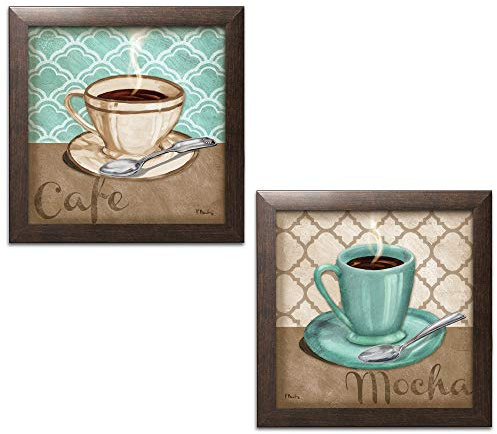 Gango Home Decor 2 Trellis Cafe and Mocha Quartrefoil Brown and Teal Cups of Coffee; Kitchen Décor; Two 12x12in Brown Framed Prints; Ready to hang