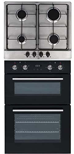 SIA Built In Double Electric Fan Oven & Stainless Steel 60cm 4 Burner Gas Hob