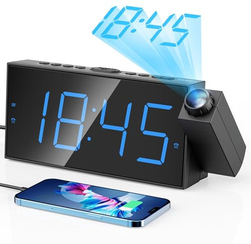 Projektionswecker, 7-Zoll-Digitalanzeige und -dimmer, Doppelalarme, USB-Anschluss, einstellbare Alarmlautstärke, Snooze, 12/24, Batterie-Backup für Schlafzimmer, Decke, Wand, Haus, Kinder, Senioren