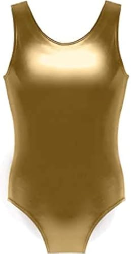 R&N FASHIONS Justaucorps sans manches pour fille - Pour l'école, le sport, la danse, la gymnastique, le ballet - Effet mouillé métallique brillant - Costume de fête disco ou de danse, doré, 5-6 ans