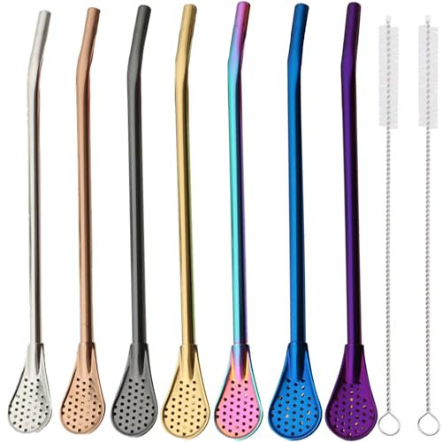 XUBX 7 Pezzi cucchiaio di paglia con 2 Spazzola di Pulizia, Cannucce Cucchiaio Riutilizzabili, Riutilizzabile Acciaio Inossidabile Filtro per cannuccia per Smoothies Milkshake Succhi e Cocktail