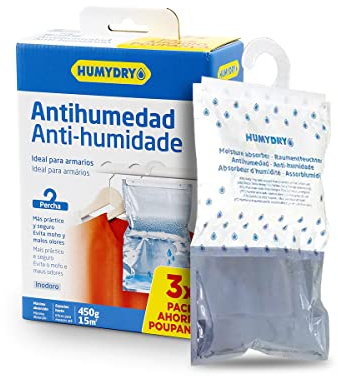 Pack de 3 Bolsas antihumedad Percha - Absorbe Humedad de Armarios - Espacios de hasta 15 m2 - Fragancia Neutro - Contenido: 3 unidades de 450 gr - Humydry