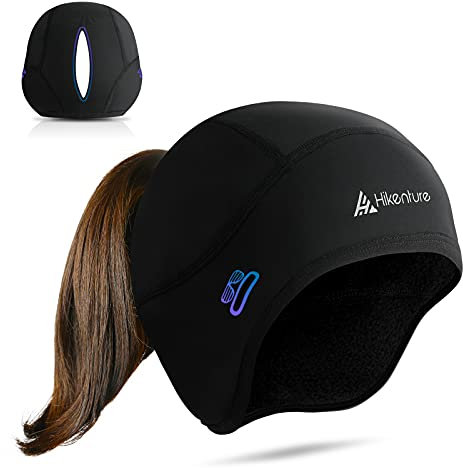 HIKENTURE Fahrrad Mütze Damen Winter [Mit Zopf-Loch] - Fahrradmütze unter Helm - Unterhelm- Fahrradhelm - -Unterzieh- Skihelm - E Bike Laufen Zubehör -F2