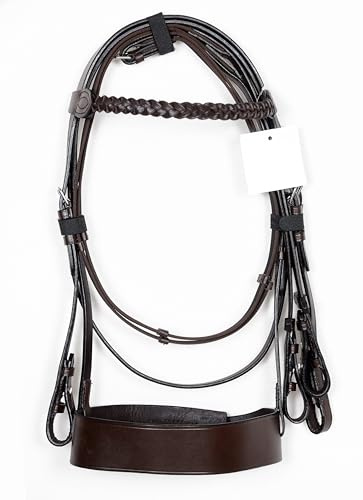 Horse Riding Hunter Bridle Plaited Browband and 2'' Noseband with Strong Anti slippery Reins and Stainless Steel Fittings - Racing Jumper Ring Show Para-Equestrian Training Equipment (Brown) (COB)