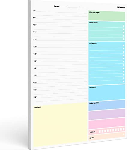 PACKLIST Tagesplaner Block A4, Zeitmanagement Planer - 52 Seiten Produktivitäts Planer für Aufgaben, Ziel des Tages, Prioritäten, Erinnern, Lebensmittel, Trinken, Sport & Notizen für zu Hause & Büro