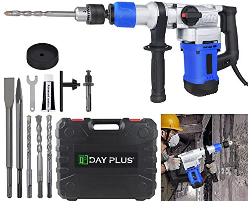 1080W Corded SDS Rotary Hammer Drill, 3 in 1 Multi-Functional Heavy Duty Rotary Hammer Drilling Machine, 800RPM Rotary Electric Drill with 3Pcs Bit Flat Chisel Point Chisel for Concrete, Tile Removal