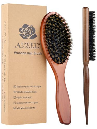 Wildschweinborsten Bürste, AISEELY 2 Stücke Sleek Bun Bürste Haarbürste aus Holz, Hair Brush Boar Bristle Hair Brush, Schweifkamm Professioneller, Reduziert Haarbruch und Frizz