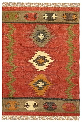Alfombra de lana de yute de 2,6 x 4 kilim, reversible, diseño geométrico, multicolor, tejida a mano, alfombra gruesa de 0.2 pulgadas, alfombra de tejido plano para interiores y exteriores, para cocina