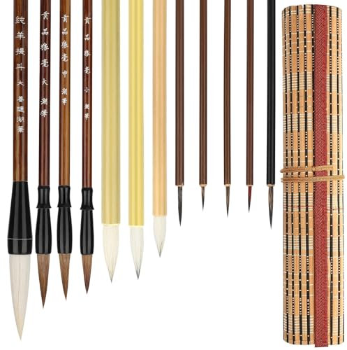 EEEKit Chinesische Kalligraphie Pinsel, Mischgröße Japanische Kanji Sumi Pinsel für Anfänger, 12 Stück mit Pinseltasche