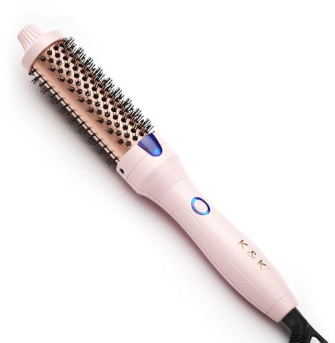 K&K Thermal Brush Keratin Protect Heated Barrel Hot Hair Brush Ionic Smooth Shine Volumize Comb Dual Voltage Hair Straightener Curler Styling Tool 32 mm UK Plug (Pink, 32mm)