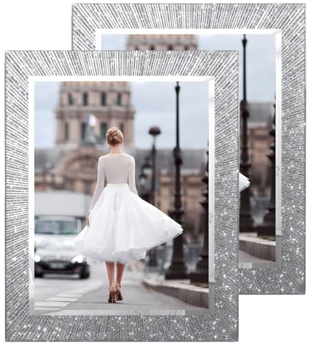 Flocey 8.5x11 Glass Picture Frame Set of 2, Glitter Photo Frame for Tabletop or Wall Display, Spaekle 8.5 by 11 Silver Wedding Frame
