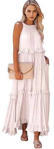 Petalum Langes Damenkleid, Sommer, große Größe, Maxi, Spitze, Plissee, ärmellos, Neckholder, elegant, schick, Party, Kleid für Abend, Ball, Zeremonie, Aprikose, hell, 40