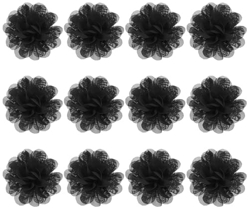 M METERXITY 12-Pack Chiffon Flowers 2.76 x 2.76 Inch Mesh Fabric Flowers Full Chiffon Flowers Hair Clips Flower for Home Decor/Wedding/Headbands/DIY/Party/Garden [Black]