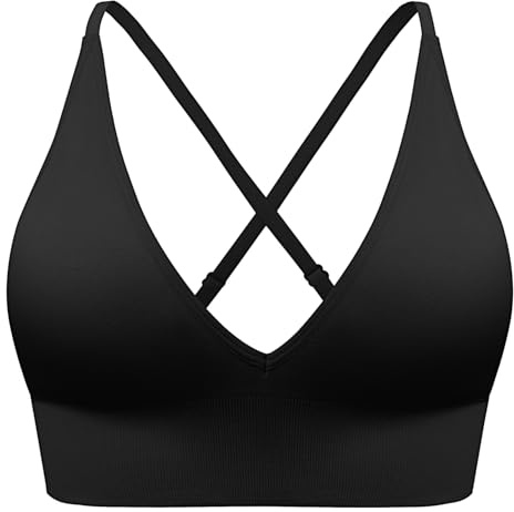 SUNSESS Sports Bras for Women Deep V Seamless Wirefree Removable Pads Comfort Sleep Bralette Workout Yoga Crop Top Bra (UK, Alpha, XL, Regular, Regular, Standard, Black)