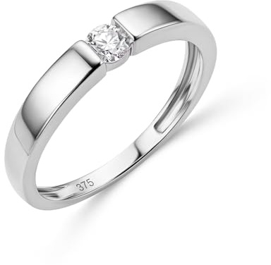 MIORE Bague Femme, Bague de Fiançailles avec Diamant 0.15Ct serti Tension en Or Blanc 9 Carats 375, Bague Solitaire, Alliance Femme, Bague Vrai or, Bijoux Femme Hypoallergéniques Fabriqués à La Main