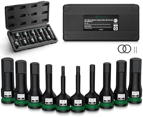JiGiU 10PCS 1/2 Juego de Llaves de Vaso Hexagonales Allen Métricas de Impacto de Material S2 con Estuche 5mm 6mm 8mm 10mm 12mm 14mm 16mm 17mm 18mm 19mm para Mecánica Profesional