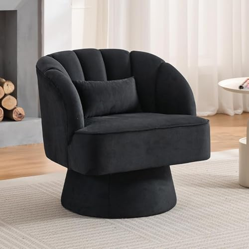 OPULENTHOME Sillón Giratorio Moderno, sillón Acolchado de Terciopelo de 360 Grados con Respaldo a Rayas y Acolchado de Felpa, cómodo sillón Redondo para salón, Dormitorio, rincón de Lectura (Negro)