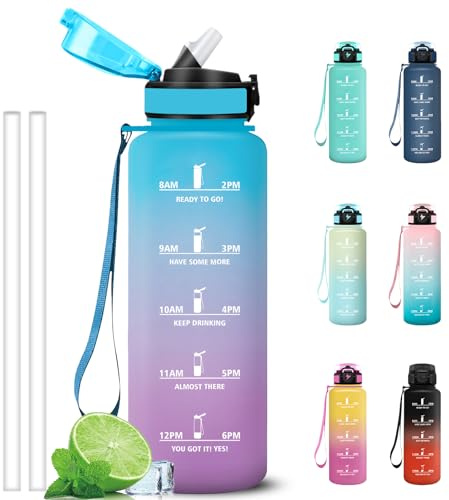 Grsta Borraccia 1,5 litri, Borraccia Palestra con Cannuccia, Facile da Pulire, Borracce Graduata, Bottiglia con Indicatore del Tempo Motivazionale per Viaggio, Corsa, Fitness