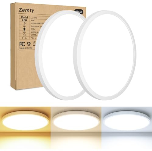 zemty 2 Stück 24W 2100LM LED Deckenleuchte Flach, 3000K/4500K/6000K Deckenlampe Rund Ø22cm Ultra Dünn Modern LED Lampen Deckenlampen, Deckenleuchten Badezimmer Lampe Decke für Küche Flur