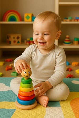 Generico Torre Arcobaleno in Legno Educativa – Gioco Montessori con Anelli Colorati Impilabili – Giocattolo Prima Infanzia per Bambini 12+ Mesi – Sviluppo Coordinazione e Apprendimento