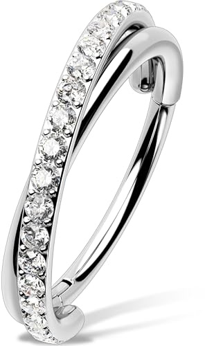 OUFER Piercing Naso Acciaio Chirurgico 20G Argento Anello Naso Gioiello Orecchino a Cerchio Cartilagine Design Incrociato Doppio Cerchio Piercing Nostril CZ Trasparente per donne 8mm