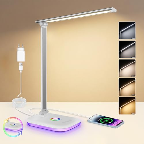 Schreibtischlampe LED Dimmbar 10W, Tischlampe mit 5 Farb und 10%-100% Stufenloses Dimmen, Desk Lamp USB Ladeanschluss Touch Steuerung, RGB Nachttischlampe, für Kinder, Schlafzimmer, Lektüre(Weiß)