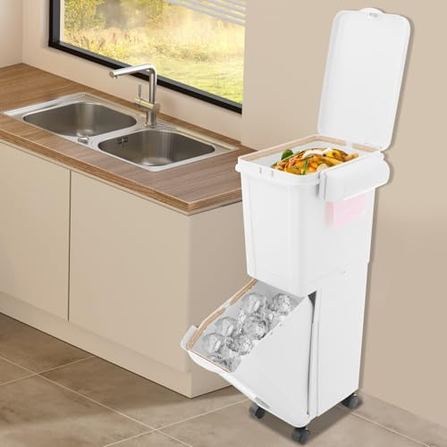JUDEMII Cubo de basura de cocina con 2 compartimentos, sistema estrecho de separación de basura, cubo de basura de 32 L con ruedas, lateral con caja de almacenamiento para cocina, apartamento o