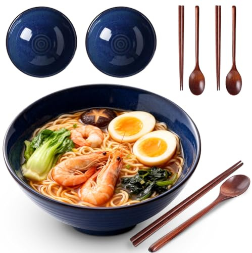 Umllpet Ramen skålset, 2 ramenskålar, av keramik, 1 200 ml ramskålset med ätpinnar och skedar, skål, soppskål, stor för ramen soppa pasta, fruktsallad (blå)