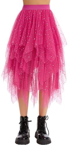 Lovasy Jupe Tulle Femme Paillette Robe Longue Tutu Irrégulier Superposée Jupes Plissée A-Line Elastique Taille Jupe Tutu Midi Noir Rose pour Carnaval Halloween Daily Prom Party Thé