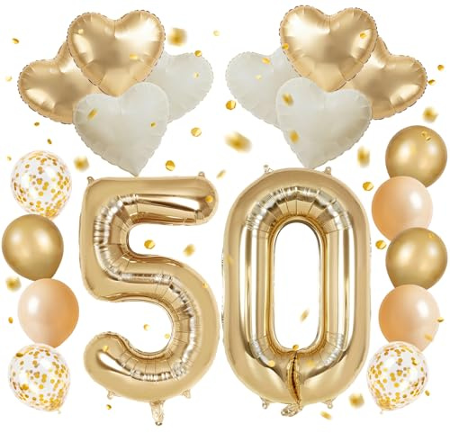 Set di 50 Palloncini Decorazione Anniversario, Palloncino Bianco Oro, Palloncino in Alluminio Numero 50 Oro con Palloncino in Alluminio Cuore, Foglio di Alluminio per Nozze d’Oro, 50° Compleanno