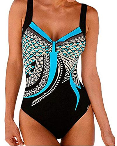 Costume Intero Donna Stampati Senza Maniche - Costume da Bagno Donna Moda Sexy, Interi Unico Casual Swimwear Women Pancia Piatta Sportiva Surf Blu M