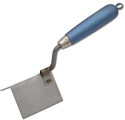 DEWEPRO Außenecken-Kelle 85x60x60mm – Edelstahl Eckenkelle mit ergonomischem Holzgriff – robuste Maurerkelle für präzise Putz-, Spachtel- & Stuckarbeiten an Außenecken