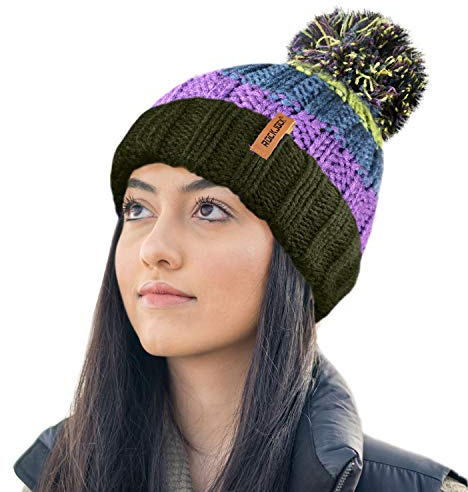 RockJock R80 Unisex Mens Ladies Thermal Insulating Striped Beanie Bobble Hat with Cosy Fleece Lining-Purple/Green