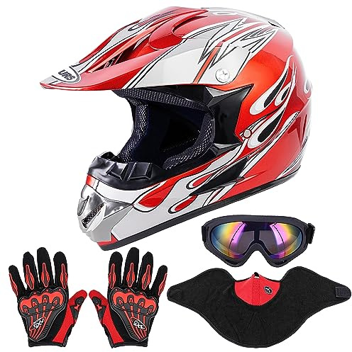 OUMURS Adult Dirt Bike Helmet with Goggles Gloves & Mask Adjustable Sun Visor Motorcycle Adults ATV Helmet Off-Road Motocross Downhill Moped MX for Unisex-Adult-Red Flame, L