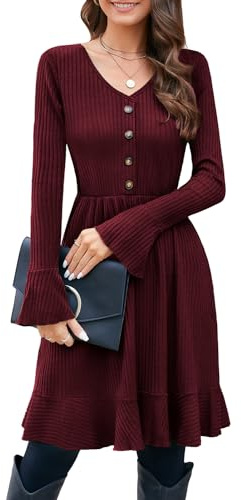 ULTRANICE Jumper Dress for Women UK Ladies V Neck Knitted Casual Dresses Decor Buttons Long Sleeve Winter Dress Dark Red